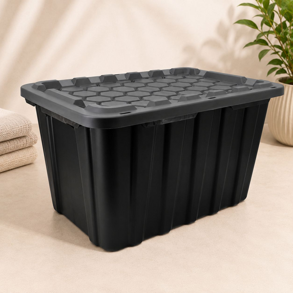 Black lidded plastic storage bin